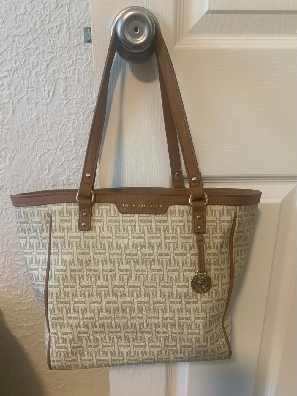 Tommy Hilfiger Beige Canvas Tote with Tan Trim